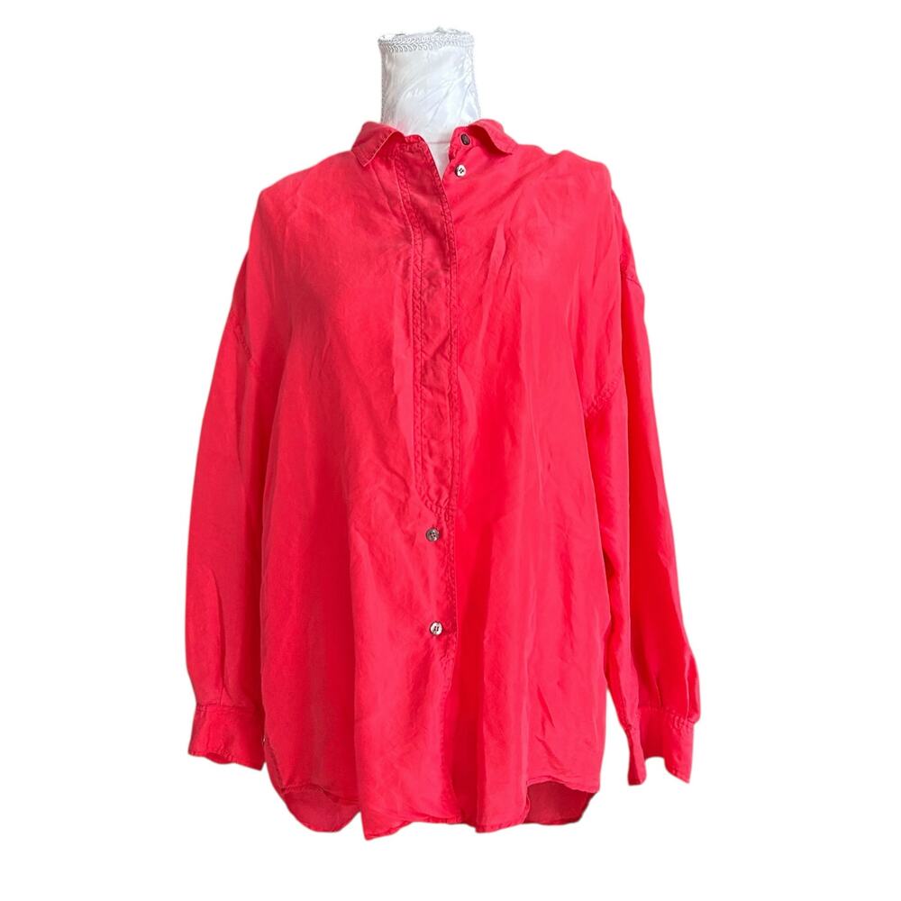 Vintage Pink 100% Silk Button Down Shirt Womens Sz Medium Poet Romantic Academia